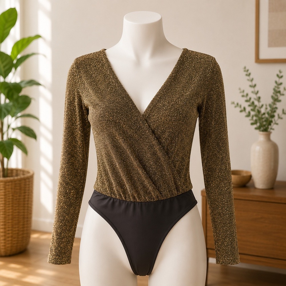 NWT Steve Madden Metallic Knit Surplice‎ Bodysuit Womens Small Gold Long Sleeve